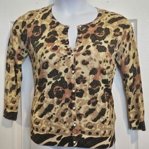 Joseph A, animal print, button down, shimmery, 3/4 sleeve, cardigan size MP